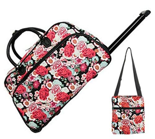 Red Rose Floral 21" Duffel Rolling Bag Set - Rolling Bag 1 9" Shoulder Messenger Bag