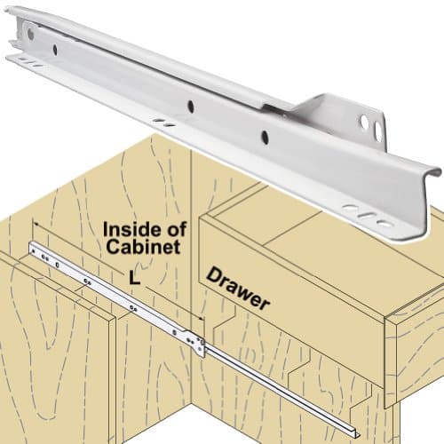 Woodtek 167483, 200-pack, Hardware, Drawer Slides, Roller, Box Drawer, 20" Self Closing Epoxy Coated Slide-White