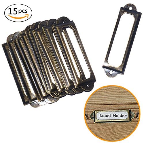 Riovean Antique Brass Metal Label Pull Frame Handle File Name Card Holder For Furniture Cabinet Drawer Case File Drawer Tag(15Pcs)