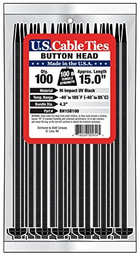 US Cable Ties BH15B100 15-Inch Button Head Ties, UV Black, 100-Pack