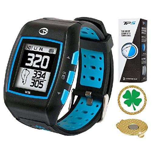 AMBA GolfBuddy WT5 Golf GPS/Rangefinder Watch (40k+ Preloaded Worldwide Courses) Bundle with 1 Sleeve (3 Balls) Taylormade TP5 and Magnetic Hat Clip Ball Marker (Four Leaf Clover)
