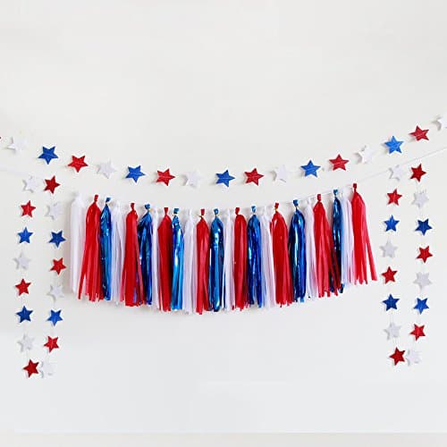 3 Red White and Blue Stars Garlands with one Tissue Tassel Streamer Garland for 4th of July Party Decor Labor Day Decor Patriotic Party Decorations Independence Day Party Supplies USA Party Props