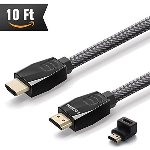 HDMI Cable 10 ft ( The Highest Speed ) 4K HDMI 2.0 Cord, Nylon Braided Cable 18Gbs Support Ethernet, ARC, UHD, 3D, HDR for 4K/HD TVs, PS4/3, Xbox one, PC, Displays and More + Right Angle Adapter
