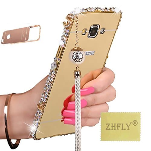 J3/J3 2016/J3 V/J3V/Amp Prime/Express Prime Case, Houshine Bling Mirror PC Back Cover and Metal Bumper for Samsung Galaxy J3 2015, J3 2016, J3 V, J3V, Amp Prime, Express Prime, Gold-Pearl Tassel