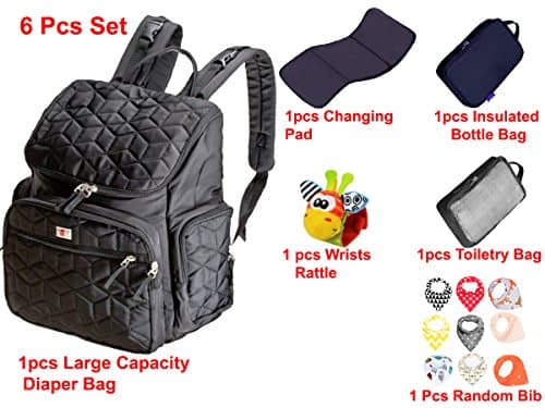 6pcs Set Baby Diaper Bag Large Compartment Waterproof Backpack with Stroller Strap FREE 1 Nappy Changing Pad 1 Insulated Bag 1 Toiletry Bag 1 Random Design Bib & 1 Animal Wrist Rattle (Black)