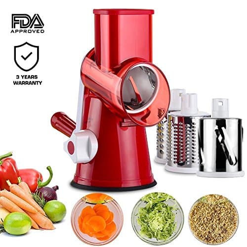 Vegetable Mandoline Chopper,Arcooy 3-Blades Manual Vegetable Slicer,Efficient and Fast Vegetablse Shredder, Veggie Pasta Salad Maker, Speedy Rotary Drum Grater Slicer with Strong-Hold Suction Cup(Red)