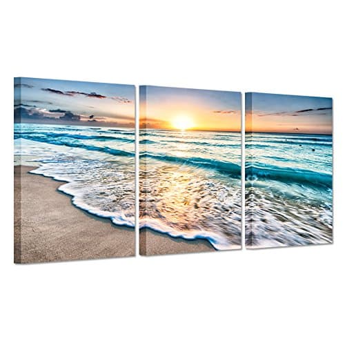 Hello Artwork Canvas Art Prints Blue Sea Sunset White Beach Painting The Picture Print On Canvas Beach Seascape In Cancun Mexico Wall Art Framed for Living Room (16''x24''x3pcs)