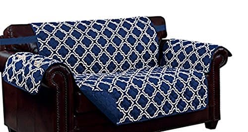 Bed Bath Outlet Macy Reversible Furniture Protector Features Elastic Strap Beautiful Print on One Side / Solid Color on the Other for Two Fresh Looks (LOVESEAT, NAVY/WHITE)