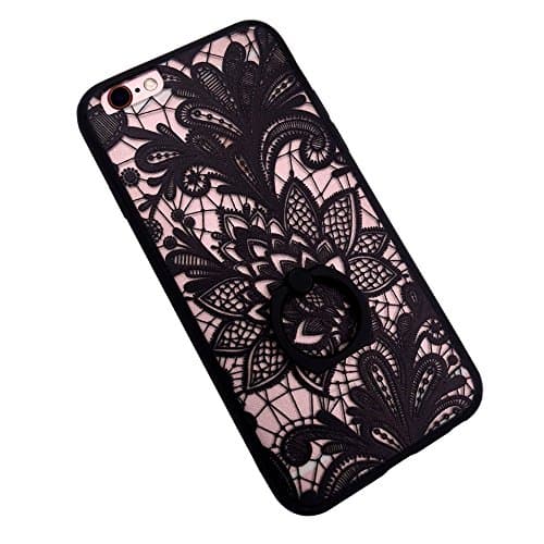 iPhone 7 Case Ring Stent Soft Rubber Tronsnic 3D Embossed Lace Flower Relief Pattern Acrylic Cover 360 Rotating Secure Grip/kickstand Shockproof (Black for iPhone 7 4.7'')