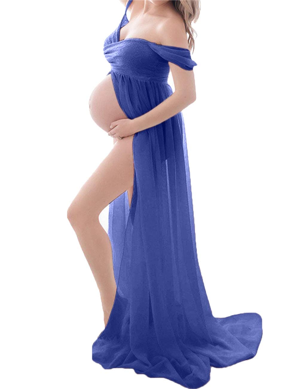 ORQ Women's Off Shoulder Chiffon Maternity Gown Lace Split Front Maxi Photoshoot Dress for Photography