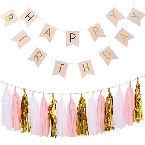 Wisehands Garlands Pack with 15 Tissues Papers Tassels Garland with 3 Mixed Colors (White + Pink+ Gold) and Happy Birthday Bunting Banner, Pink with Gold Letters