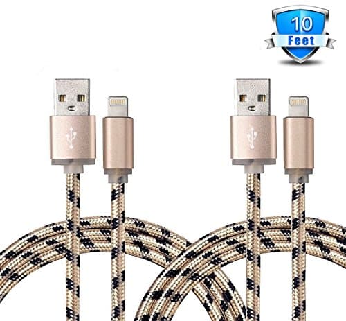 Travalo 2 Pack 10 Feet / 3 Meter Extra Long Nylon Braided Lightning Cable Charging Cord for iPhone iPad and iPod (Black in Gold)