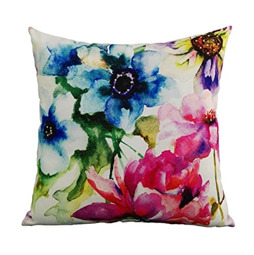 Watercolor Printed Floral Square Throw Pillow Case for Sofa, Contrasted Welt, Flowers with Beads Embelishment on Canvas Fabric, 20"X20", 1PC (Anemone)