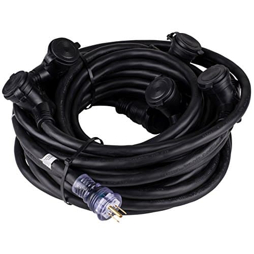 Milspec 50' 12/3 STW ProCap Covered Multi-Outlet Power Distribution Cord, 600V, Outlets @ 10' Intervals, Black