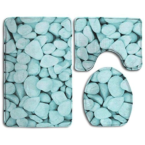 Bath Mat,3 Piece Bathroom Rug Set,Blue Cobblestones Flannel Non Slip Toilet Seat Cover Set,Large Contour Mat,Lid Cover For Men/Women