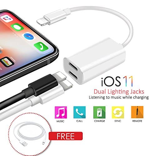 2 in 1 Lightning Adapter and Charger for iPhone X 8/8 Plus 7/7 Plus, Compatible with Apple iOS 10.3-11, 2-in-1 Dual Lightning Splitter Works As Headphone Jack, Charging and Audio Headset Adapters