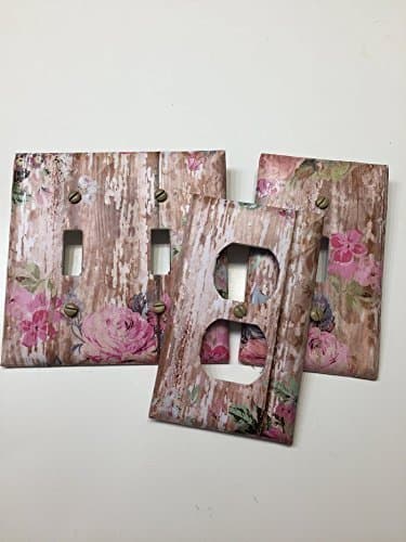 "Pink Roses on Distressed White Washed Wood", Light switch covers,light switch plate,outlet covers,outlet plates,home decor, wall art