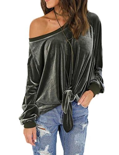 ABD Women's Solid Velvet Shirt Off Shoulder Front Tie Bandage Long Sleeve Knotted Tops Blouse