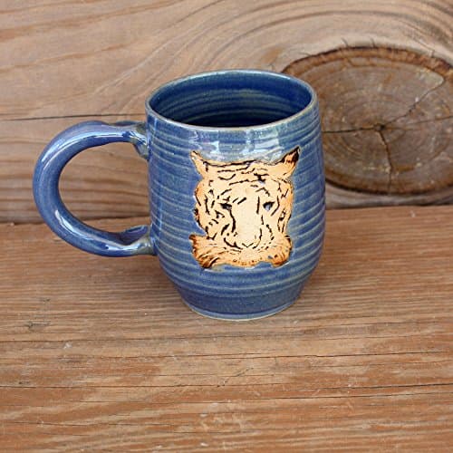 Tiger Mug. Handmade Pottery Coffee Cup. Blue. Medium 12 - 16 Ounces. Microwave Dishwasher Safe Stoneware Clay. Food Safe Glaze