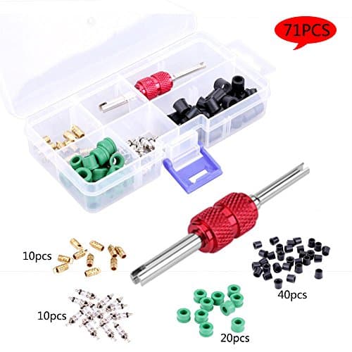 Car Air Conditioning Valve Core Kit Auto AC Repair Complete Tool Box Set Assortment Kit Demolition Installation Tool with Valve Cores Hose Gaskets & Valve- 71PCS