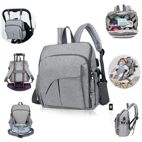 Flywill Baby Nappy Backpack Bag with Changing Mat,Large Capacity Waterproof Multi-Function Travel Tote Diaper Bag for Baby Care,with USB Charging Port,Safety Rope,Stroller Hook,Stylish &Durable,Grey