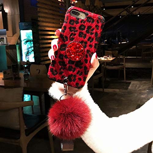 iPhone Xs Max Case,Fashion Red Leopard Cover with Rabbit Fur Hairball Phone Case for iPhone Xs Max 6.5-inch,A8