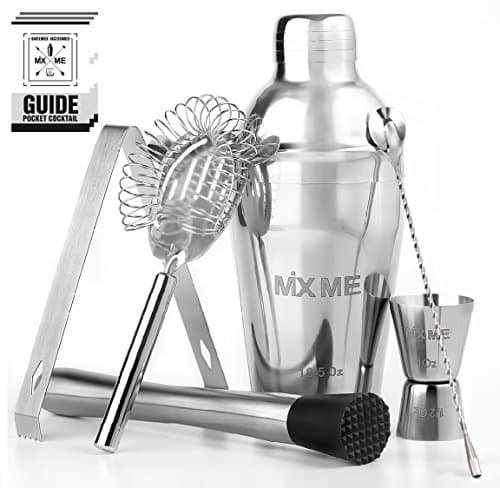 6 Piece Drink Mixer Set (Includes 18.5 Ounce Cocktail Shaker, Drink Muddler, Jigger & More) – The Perfect Martini Cocktail Shaker Set - No rust, No leak Stainless Steel – by MixMe