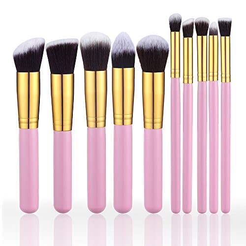 Premium 10 Makeup Brush Set Kit,Professional Woman Cosmetics Basic 10 Pieces Travel Beauty Brushes,Angled Flat,Contour,Face,Eyeliner,Shadow,Blending Concealer (Golden Pink)