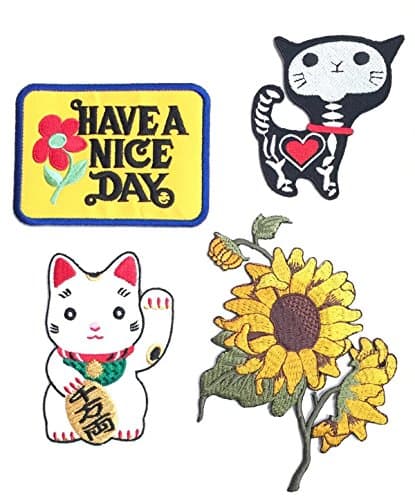 Set Patch of Iron on Patches #4, Sun Flowers Patch, Have a Nice Day Vintage patches,,Maneki-neko Japan Patch Cat iron on Patch,Shock Skeleton Skull X-ray Cat Patch Embroidered Iron On / Sew On Patches
