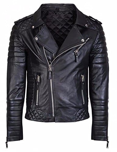 Mens Leather Biker Jacket With Diamond Quilted Design (Medium)