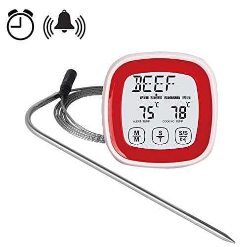 Touchscreen Digital Food Meat Thermometer with Clock Timer and Stainless Steel Temperature Probe for Kitchen Cooking, BBQ Grill, Smoker Oven