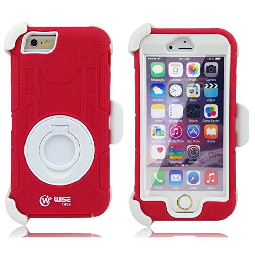 Wisecase Shock&drop-proof Amy-grade Protective Hard Defender with 360 Degree Rotating Ring Bracket Protective Case and Tpu Rubber & Silicone Case with Stand & Clip Three Layer Hard Shell Cover Holster for Apple Iphone 6 4.7" (Red+White)