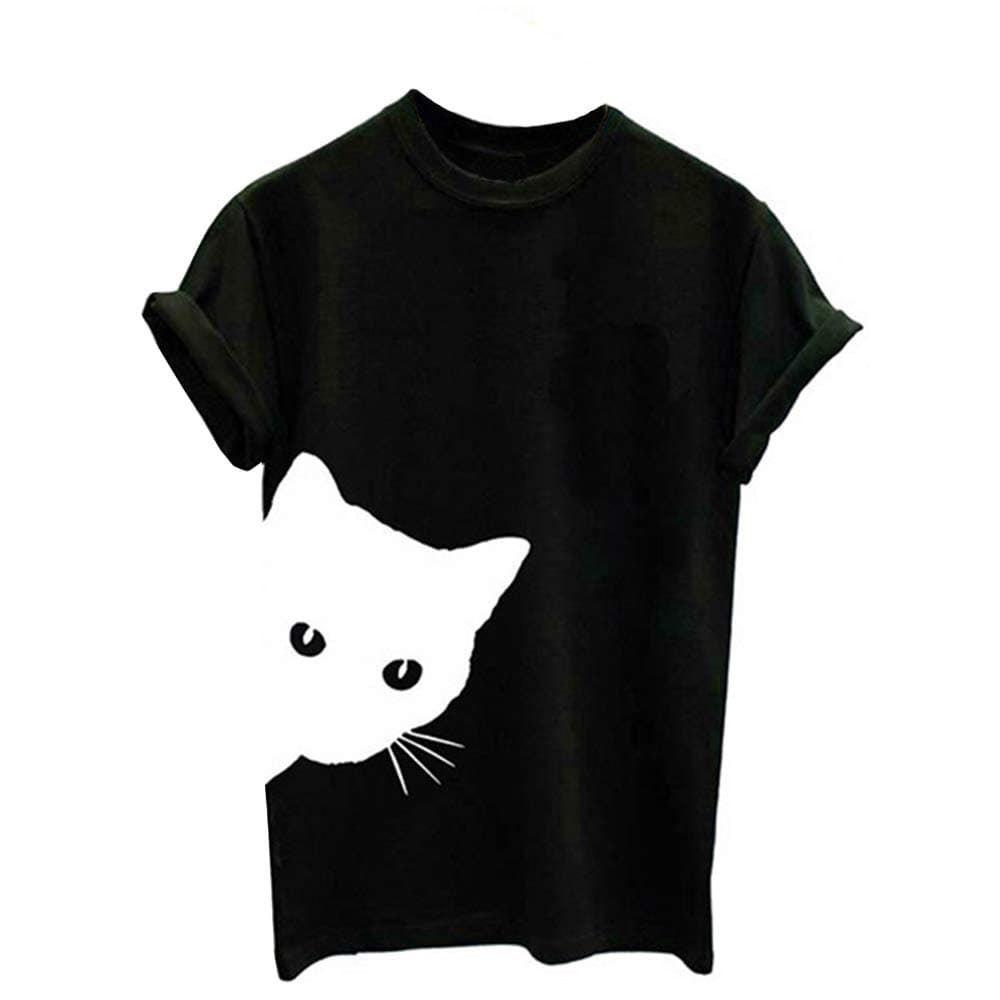 Qianxitang Women's Cat Print Tee Summer Casual Basic Short Sleeve Round Neck T Shirts