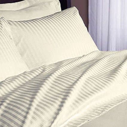 Sleepwell Bedding Luxury Egyptian Cotton 650-Thread-Count Sateen 3 PCs Full Set (+6 Inch) Pocket Depth, Ivory Stripe