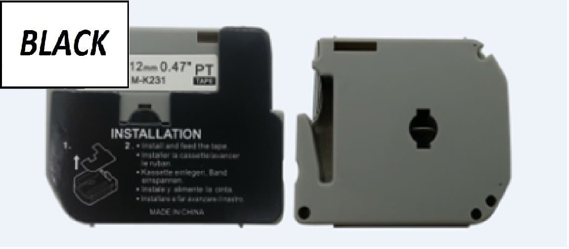 12mm BLACK ON WHITE M-K231 MK-231 COMPATIBLE LAMINATED LABEL TAPE FOR BROTHER P-Touch M TAPES. PT-45M, PT-55BM, PT-65, PT-70, PT-80, PT-85, PT-90, PT-100, PT-110, PT-55S, PT-65SB, PT-70BBVP, PT-80SCCP, PT-65SCCP, PT-70BM, PT-65SL, PT-70BMH, PT-65VP, PT-70DIY, PT-70HK, PT-70HOL, PT-70HOT, PT-70SP, PT-70SR. ALL 8m IN LENGTH.