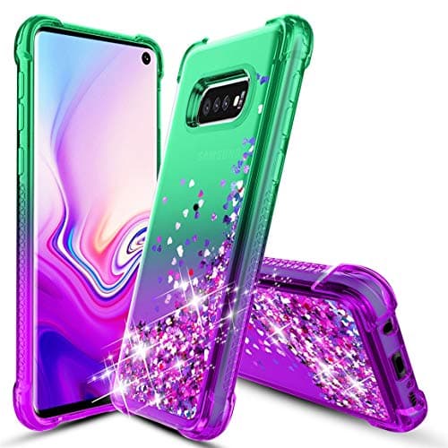 Phone Case for Samsung Galaxy S10E/ Galaxy S10 E (2019), Gradient Quicksand Floating Four Reinforced Corners TPU Bumper Cushion Protective Shockproof Phone Cover for Girls Women 5.8 Inch, Mint/Purple