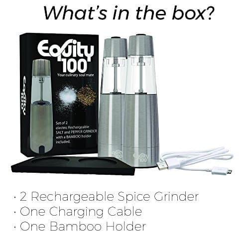 Rechargeable Electric Salt&Pepper Grinder Mill Set - Includes: Bamboo Holder, 1 USB Cable without wall dock.
