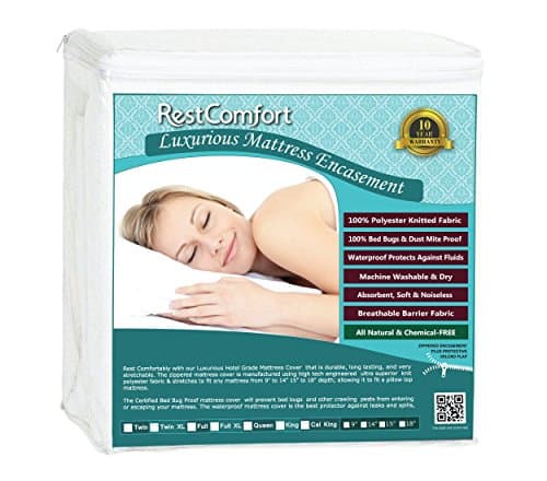 RestComfort Luxury Zippered Encasement Waterproof, Dust Mite Proof, Bed Bug Proof, Hypoallergenic Breathable Six Sided Mattress Protector … (Queen, Scratches 9-15")