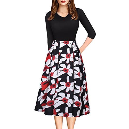 Women's Vintage Patchwork Pockets V Neck Half Sleeve Casual Swing Dress (Meduim, Black)