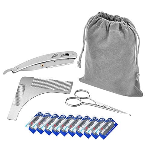 Beard Grooming Kit for Men, 4pc - Metal Comb, Beard Scissors, Straight Razor, Razor Blades - Beard Growth, Trimming and Styling Your Mustache and Beard Care - Velvet Bag