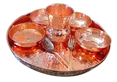 Indian Dinnerware Pure Copper Traditional Dinner Set of Thali Plate, Bowls, Glass and Spoon, Diameter 12 Inch - Gifts Idea by Panchal Creation
