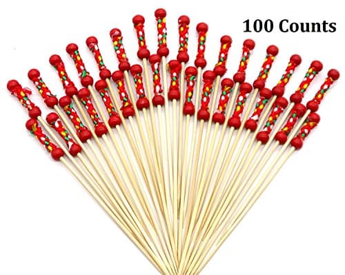 Comicfs Cocktail Picks 4.7" Handmade Bamboo Picks Toothpicks Sandwich Appetizer Cocktail Sticks Party Supplies 100 Counts, Red Rope Beads-10