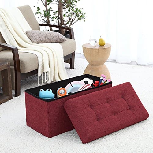 Ellington Home Foldable Tufted Linen Large Storage Ottoman Bench Foot Rest Stool/Seat - 15" x 30" x 15" (Burgundy)