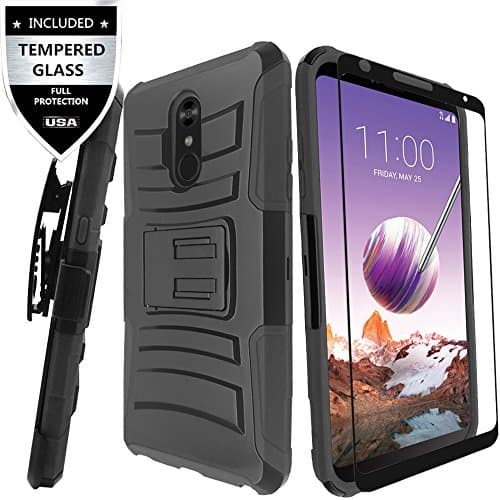 LG Stylo 4 Case With Tempered Glass Screen Protector,IDEA LINE(TM) Heavy Duty Armor Shock Proof Dual Layer Holster Locking Belt Swivel Clip with Kick Stand - Black