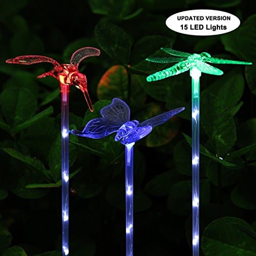 3 Pack Garden Stake Lights Upgraded Multi-color Changing LED Solar Decoration Lights for Garden Patio Lawn and Backyard (Hummingbird, Butterfly, Dragonfly)