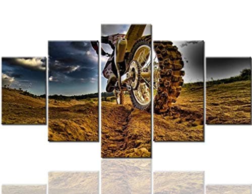 Multi Panel Canvas Wall Art for Living Room Torcycle Cross-Country Pictures Black Clouds Artwork Motocross Dirt Track Paintings Modern House Decor Framed Ready to Hang Posters and Prints(60''Wx32''H)