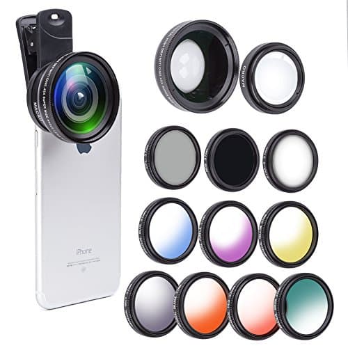 12 in 1 Camera Lens Kit, 0.45X Super Wide Angle Lens + 12.5X Macro Lens +Star/CPL/ND8/ 7 Color fliter iPhone 8, 7, 6s, 6, 5s & Samsung & Smartphones