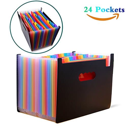 Expanding File Folder 24 Pockets - Multicolour Accordion Folders - High Capacity Plastic Stand Bag with Color Labels - A4 Files Papers Letters - Expandable File Organizer for Bussiness/Office/Study