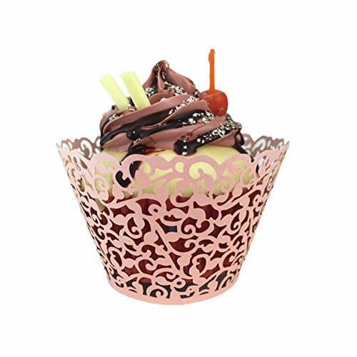 Derker 48 Pcs Laser Cut Cupcake Collars Vine Cupcake Wrappers Wraps Wedding Birthday Baby Shower Party Cupcake Decorations (Pink) by Derker