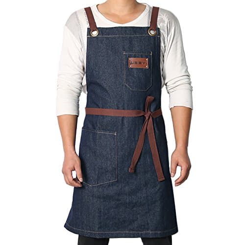 Weeyi Denim Apron with Cross Back Strap Large Pockets for Bar Kitchen Work Shop Studio Artist Suitable for Women and Men (Dark blue)
